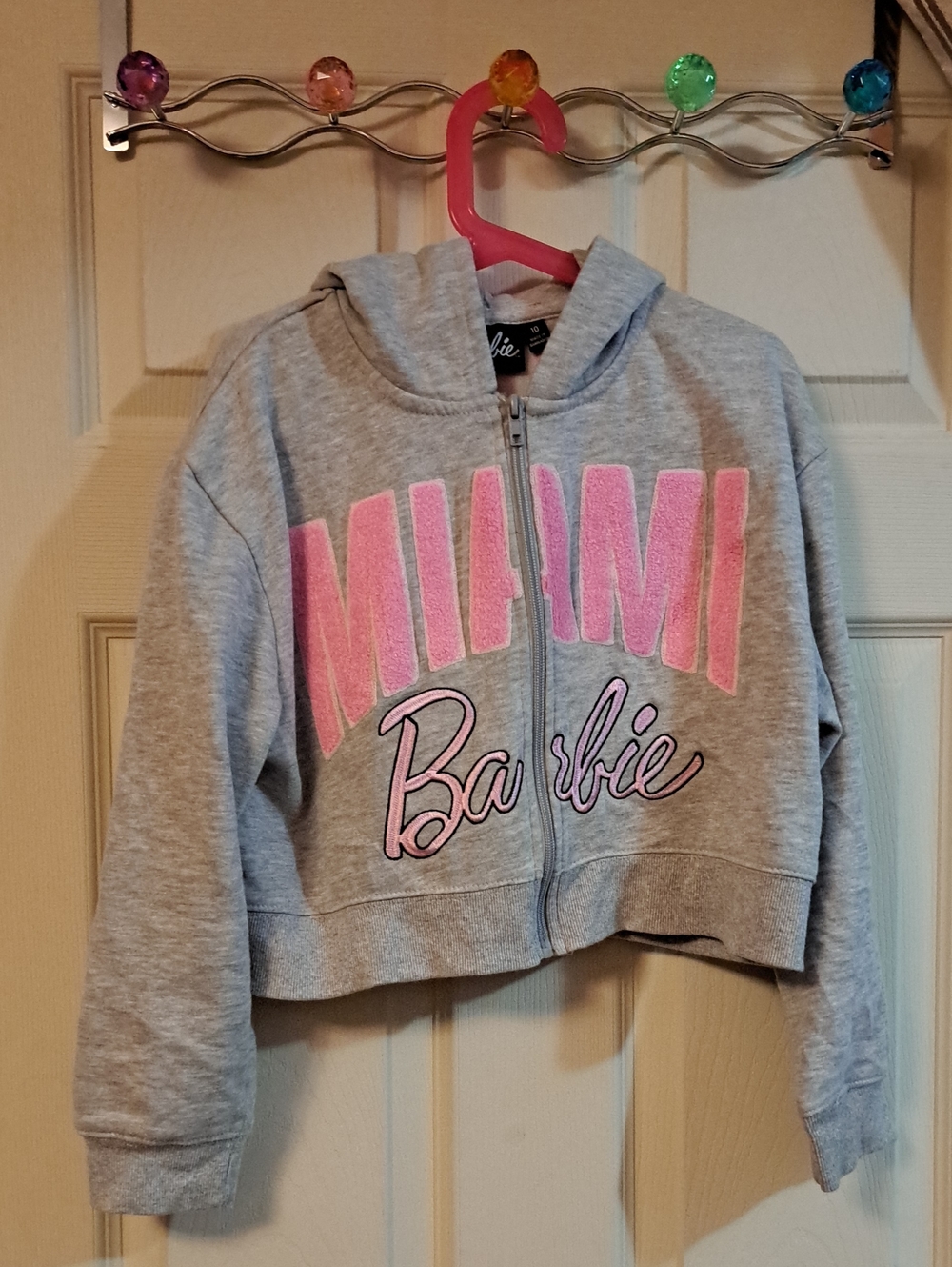 Barbie Gray Cropped Hoodie with Pink 'MIAMI' Logo (LIike New) Girls Size 10